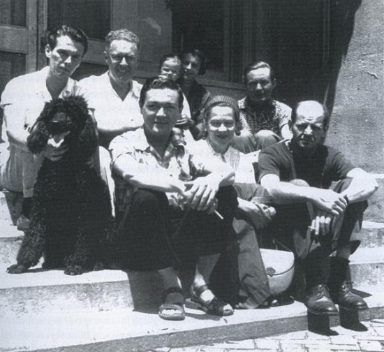 Ossorio (front left), Dragon (far left), Polloch (front right), Glasco (behing Pollock), Photo by Lee Krasner