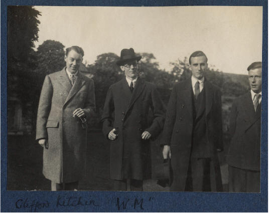 Clifford Henry Benn Kitchin; Richard Jennings; John Kenneth Ritchie, 3rd Baron Ritchie of Dundee; Philip Charles Thomson Ritchie by Lady Ottoline Morrell vintage snapshot print, June 1924 2 7/8 in. x 3 7/8 in. (73 mm x 98 mm) image size Purchased with help from the Friends of the National Libraries and the Dame Helen Gardner Bequest, 2003 Photographs Collection NPG Ax141600