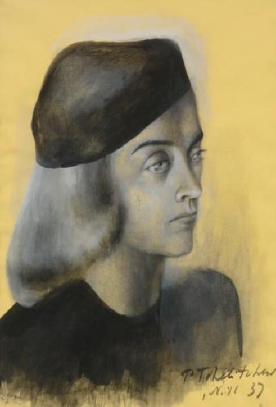 Artwork by Pavel Tchelitchew, Portrait of a Peggy O'Brien in a Beret, Made of Ink wash and gouache on paper