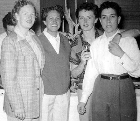 Couples (including Jeannie Sullivan and Tommy Vasu, right), Mona's 440 Club, San Francisco, California, c. 1950. Photo c/o foundsf.org. - Mona's 440 Club generally is credited as being the first lesbian bar in the United States and Tommy Vasu (far right) was the first known lesbian to legally own a bar in San Francisco.
