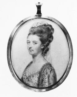 A small miniature portrait painted in black and white of Charlotte Lennox.